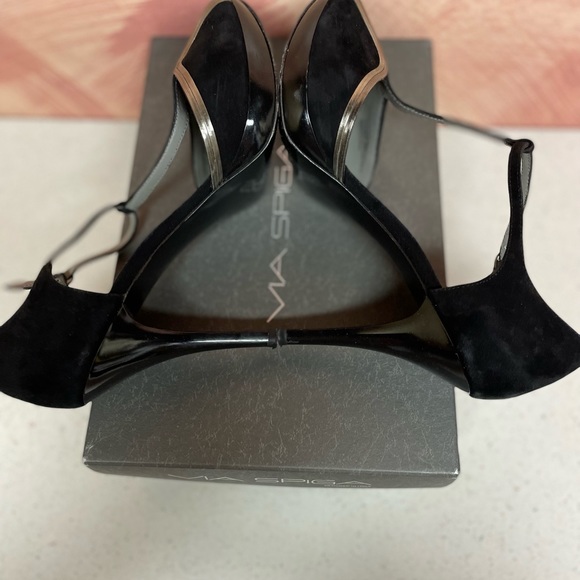 Via Spiga V Sapore T-strap Peep-toe Heeled Sandals Black &Silver size 9M - Picture 6 of 8
